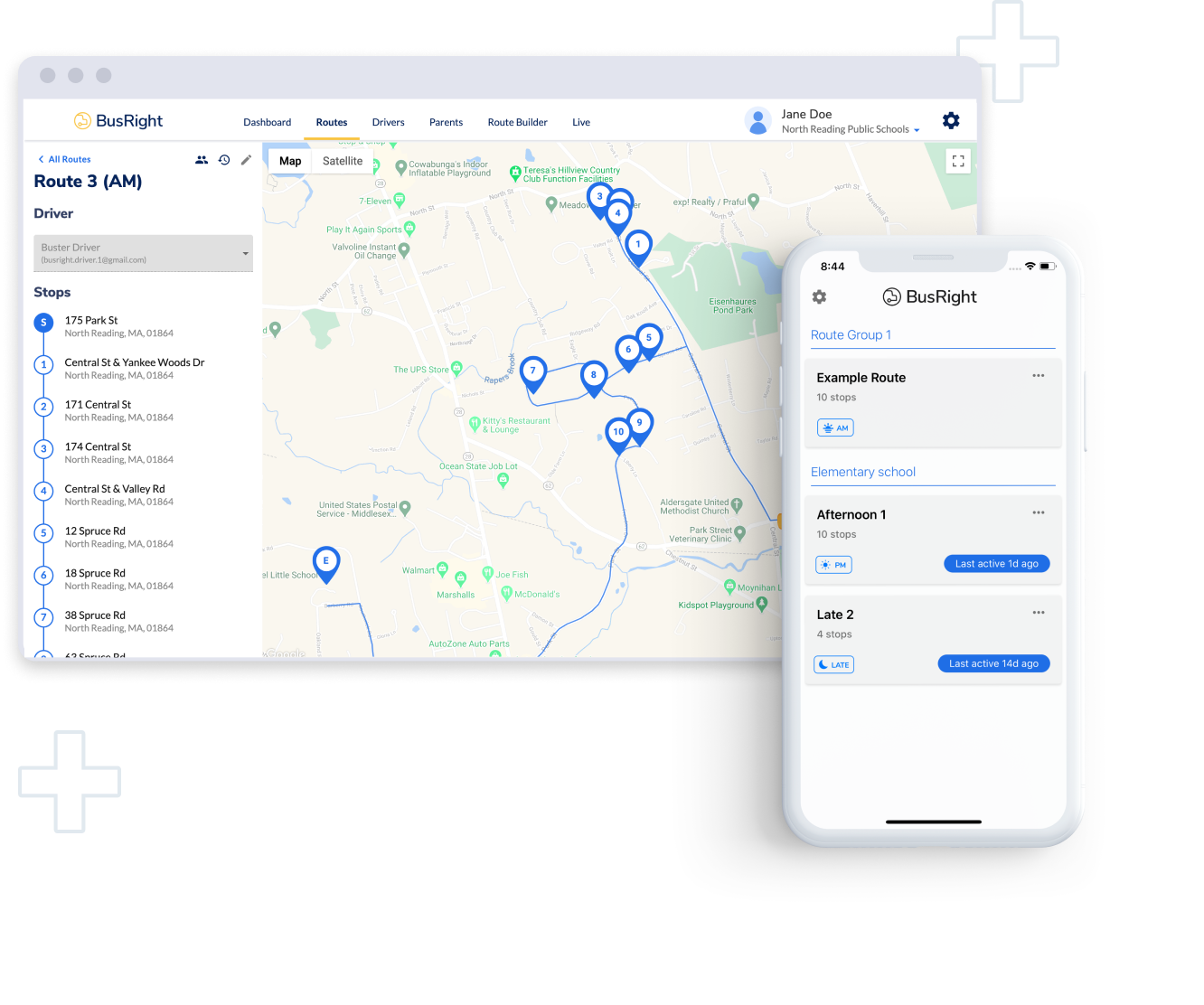 Screenshots of BusRight mobile app and web platform routes map.