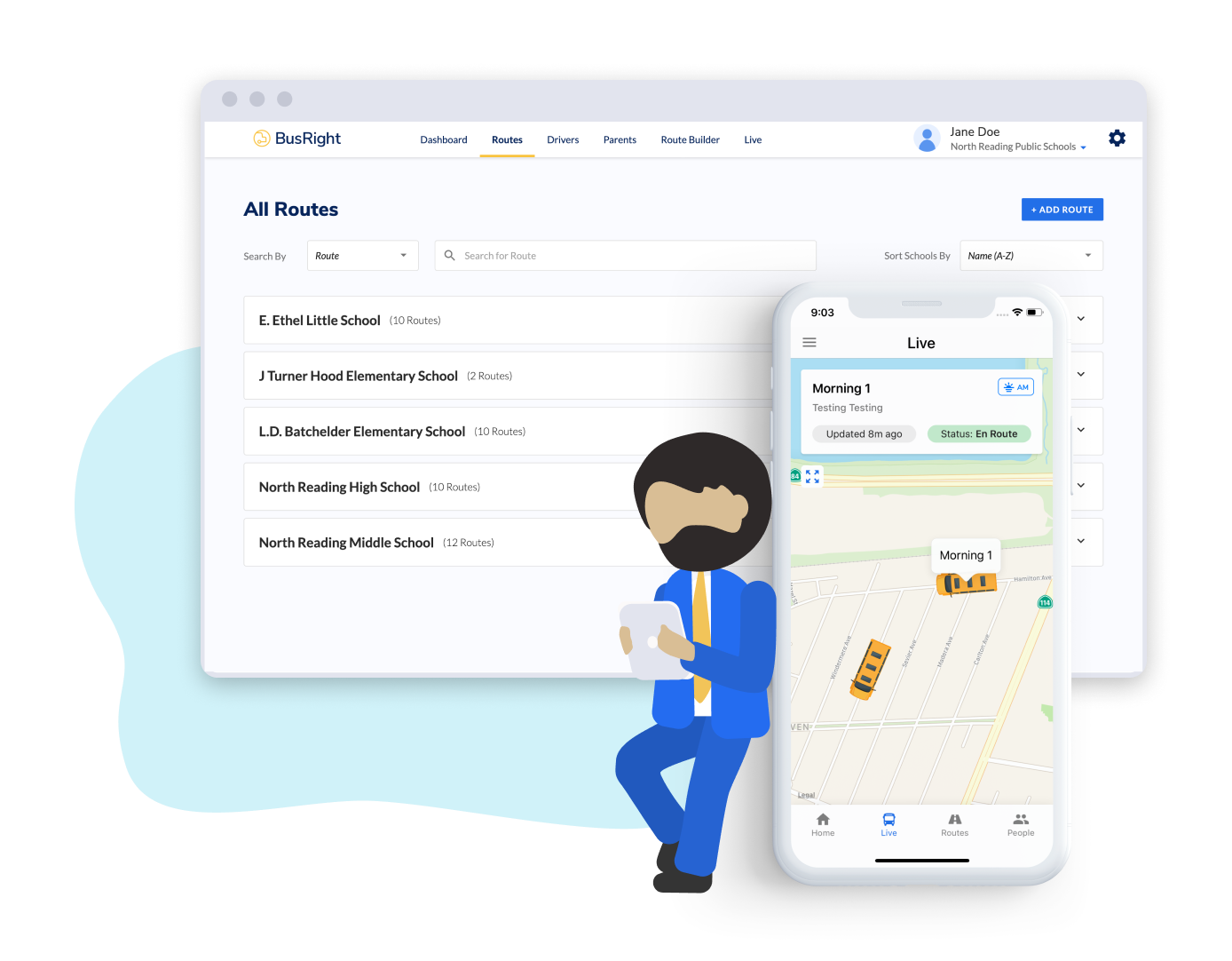 Illustration of school administrator using phone, screenshots of BusRight mobile app and web platform routes page