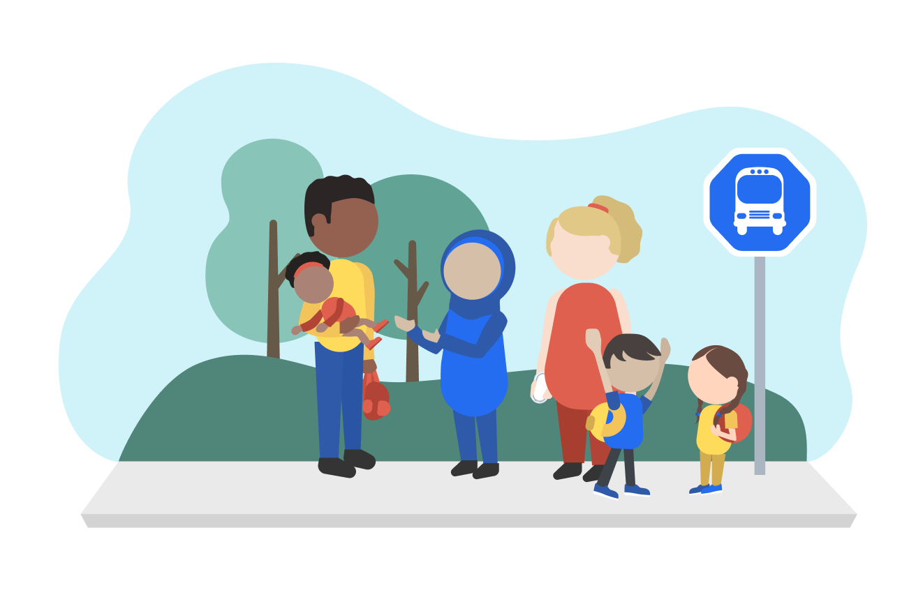 Illustration, group of parents and children at bus stop.