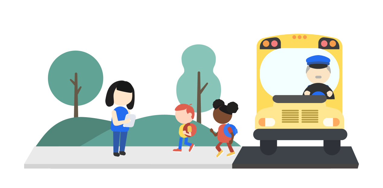 Illustration of students getting off of a school bus.