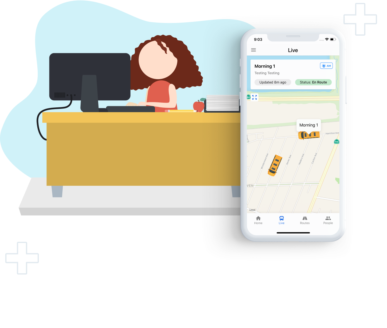 Illustration of administrator at desk, screenshot of BusRight Mobile App live bus tracking.