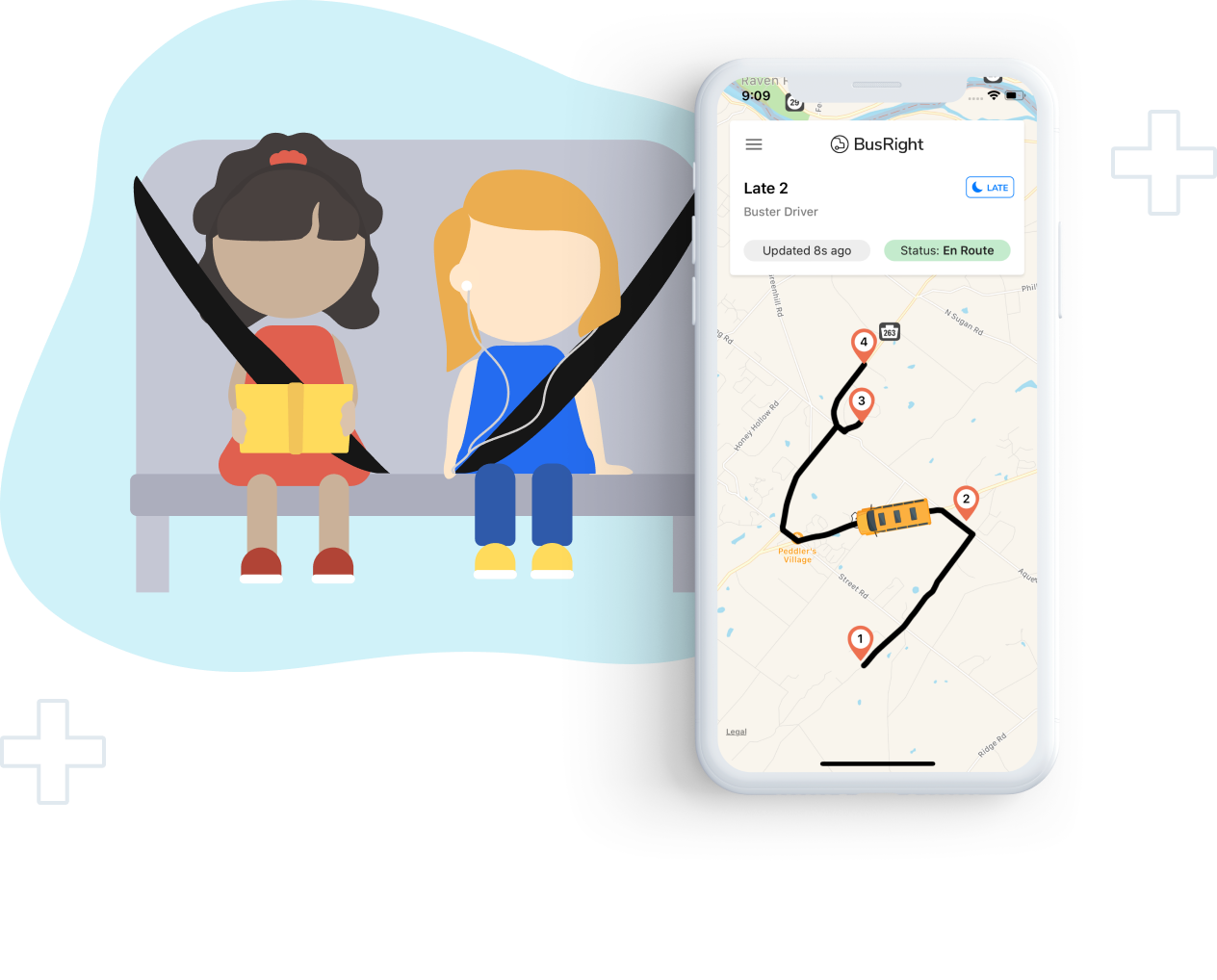 Illustration of two students sitting on bus, screenshot of BusRight Mobile App live bus route status.